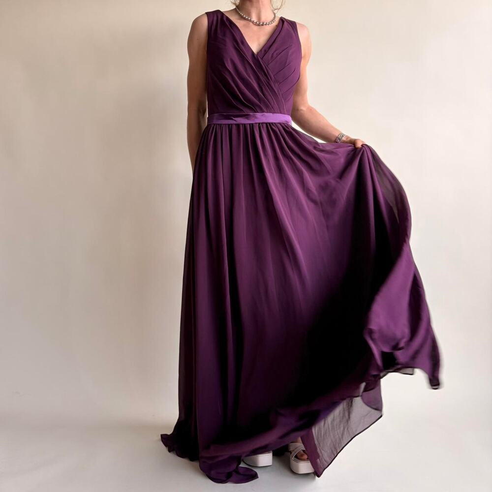 Awei Bridal Eggplant Purple Floor-Length Gown - V-Neck, Sleeveless- size 10